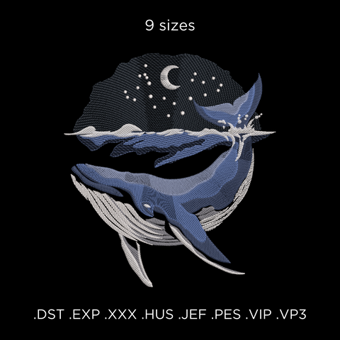 Whale on a black background, machine embroidery design