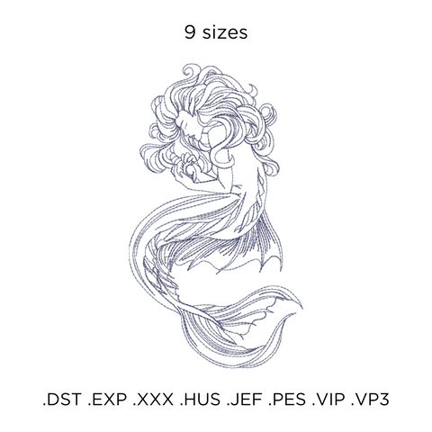 Mermaid with Shell outline, machine embroidery design