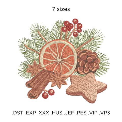 Christmas gingerbread, orange and branch, machine embroidery design