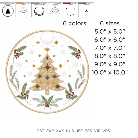 machine embroidery design, Christmas tree and Moon