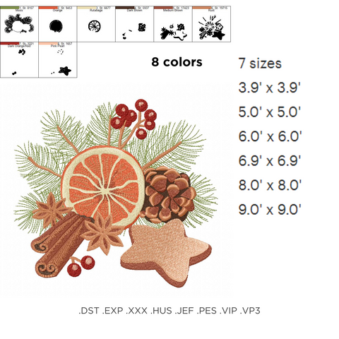 Christmas gingerbread, orange and branch, machine embroidery design