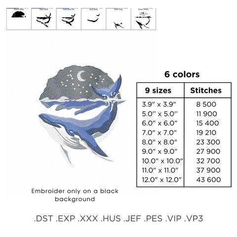 Whale on a black background, machine embroidery design