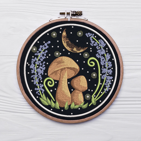 Mushrooms and Moon in the Hoop, machine embroidery design