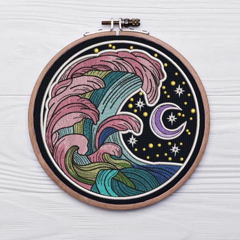 Wave and Moon, machine embroidery design