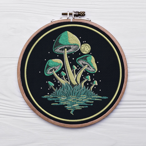 Magic Glowing Mushrooms, machine embroidery design