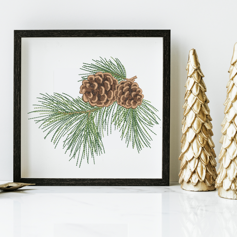 machine embroidery design Christmas cones on a branch