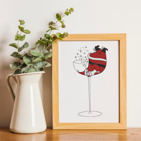 machine embroidery design ,Santa Claus in a Glass of Champagne