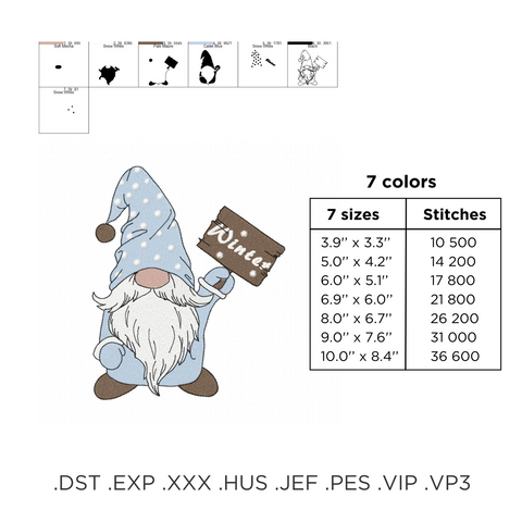 Blue gnome, machine embroidery information